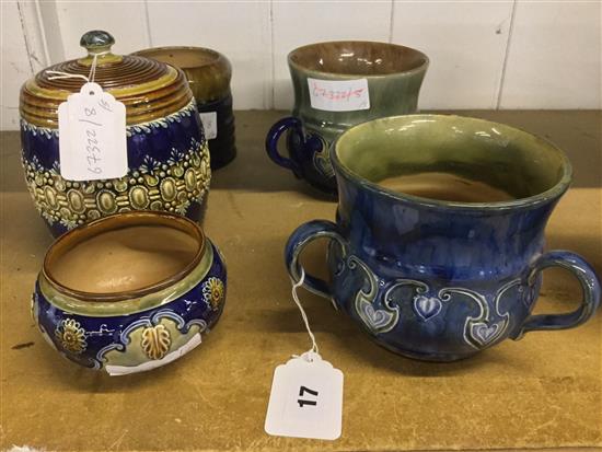 2 x Doulton stoneware tygs, 2 x similar pots and a Doulton biscuit barrel